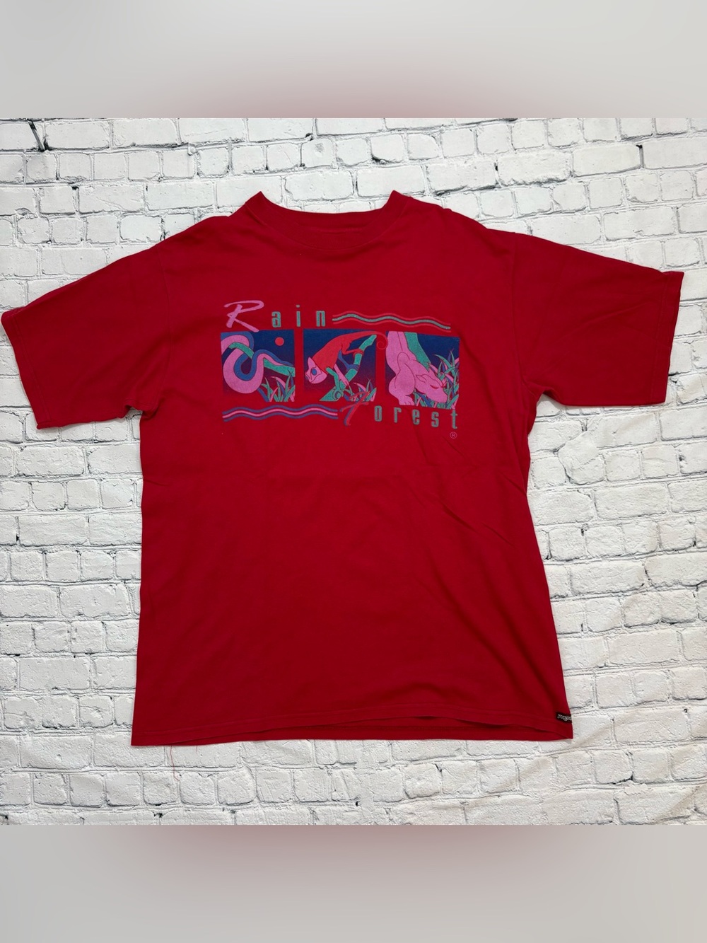 Vtg 90s Jansport USA Red Rain Forest Shirt Snake Chameleon Jaguar Adult XL
